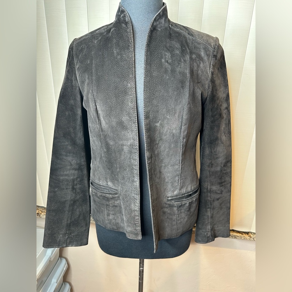 Vintage Black Suede Leather Lined Open Jacket front Pockets Moto Small